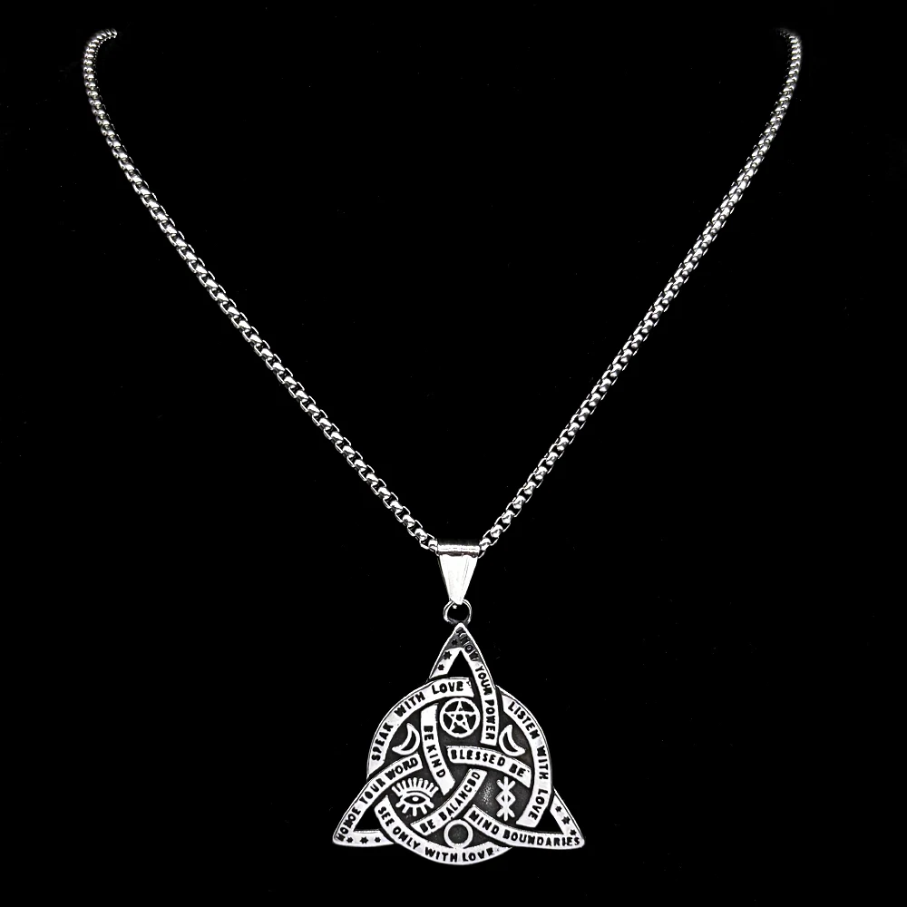 Vintage Witch Triquetra Trinity Celtic Knot Pendant Necklace Stainless Steel Pentagram Triple Moon Goddess Chain Jewelry Gift