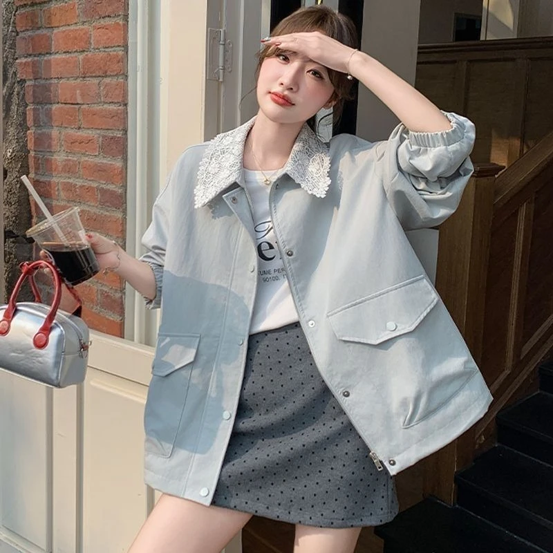 ​Figure Flattering Lace Short Jacket with Collar Long Sleeve Slimming Top for Small Frame​