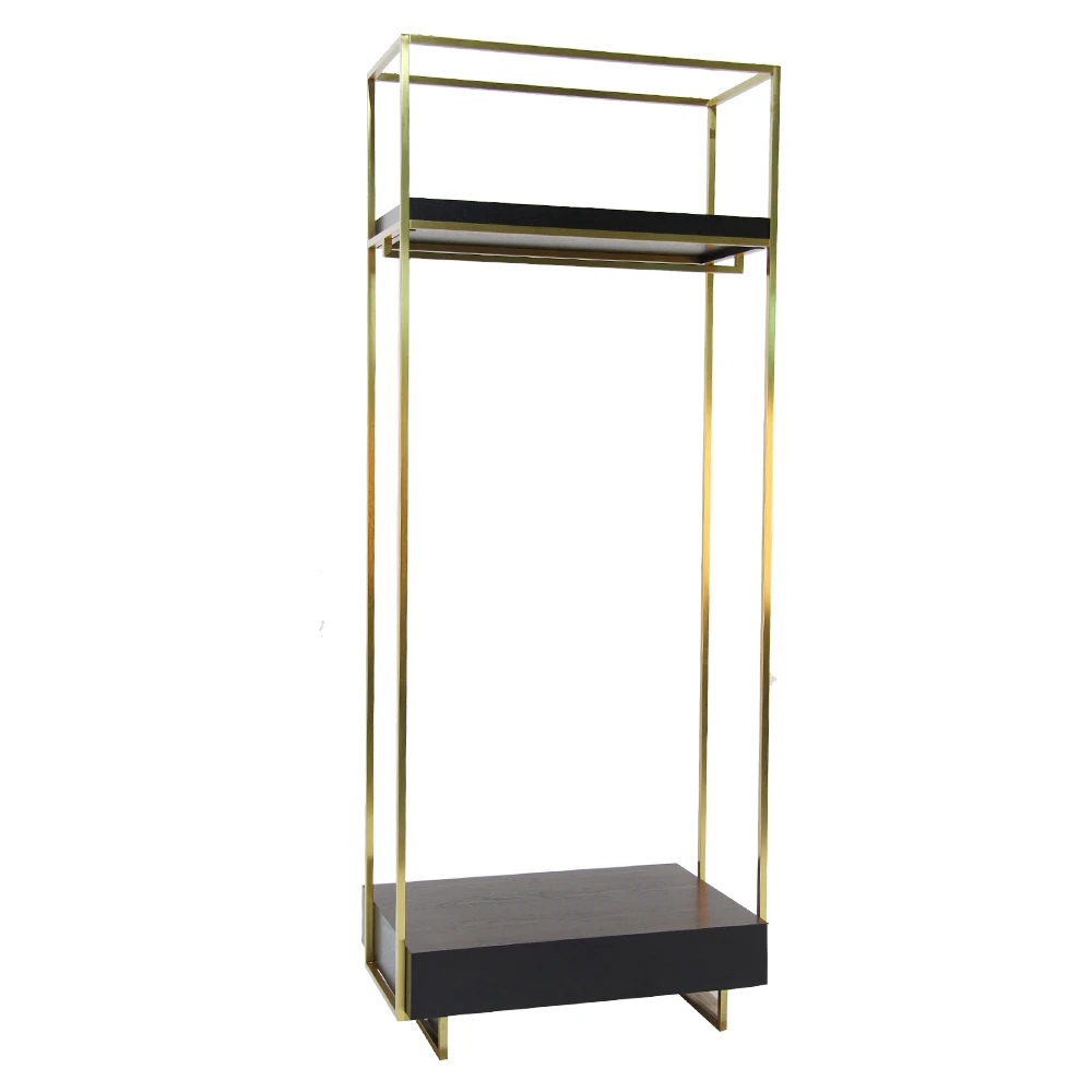 Retail Cloth Shop Fixtures Metal Hooks Clothing Store Shelves Display Wall Gold