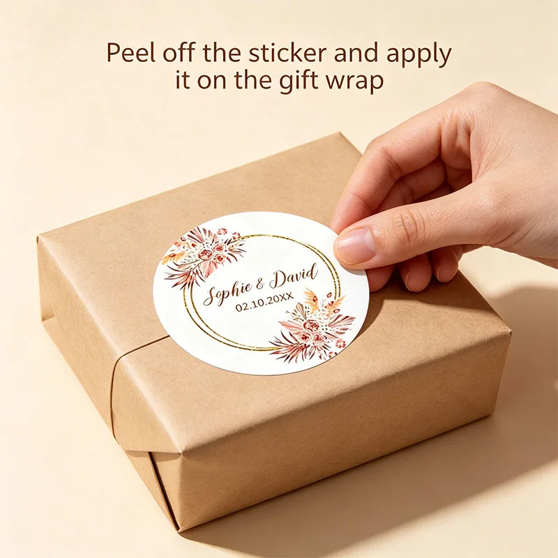 Custom Names Date Wedding Stickers Boho Dusty Pink Floral Gold Circle Label Personalized Favor Sticker For Gift Box Envelope - view 4