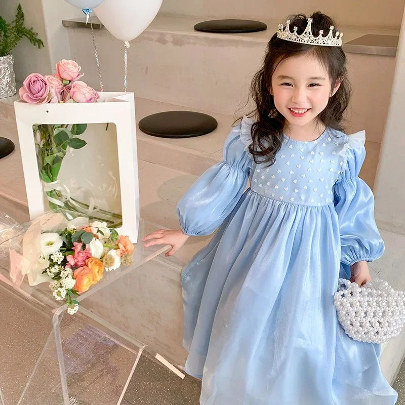 

2025 Blue Spring Autumn Outfits Toddler Beach Flower Girl Dress Children Girl Dress Kids Baby Party Birthday Evening Gown Cotton