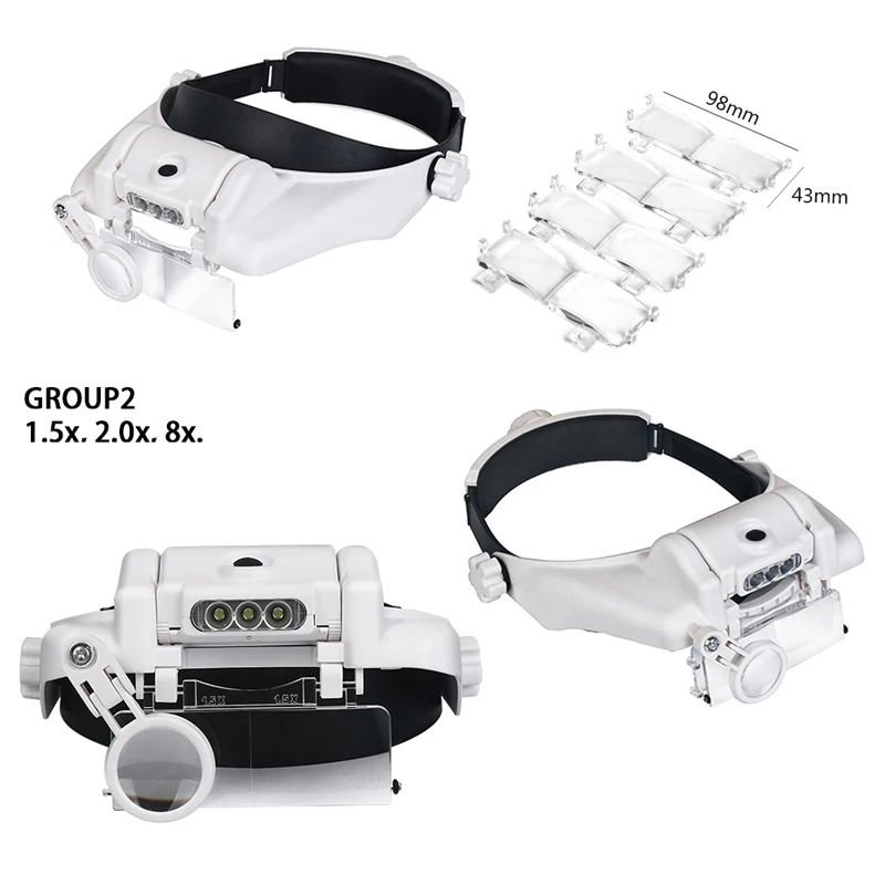 3LED Head-Mounted Illuminating Microscope Headband Repair LED Lamp Light Magnifying Glass with 1.5x 2x 2.5x 3x 3.5x 8 Magnifier