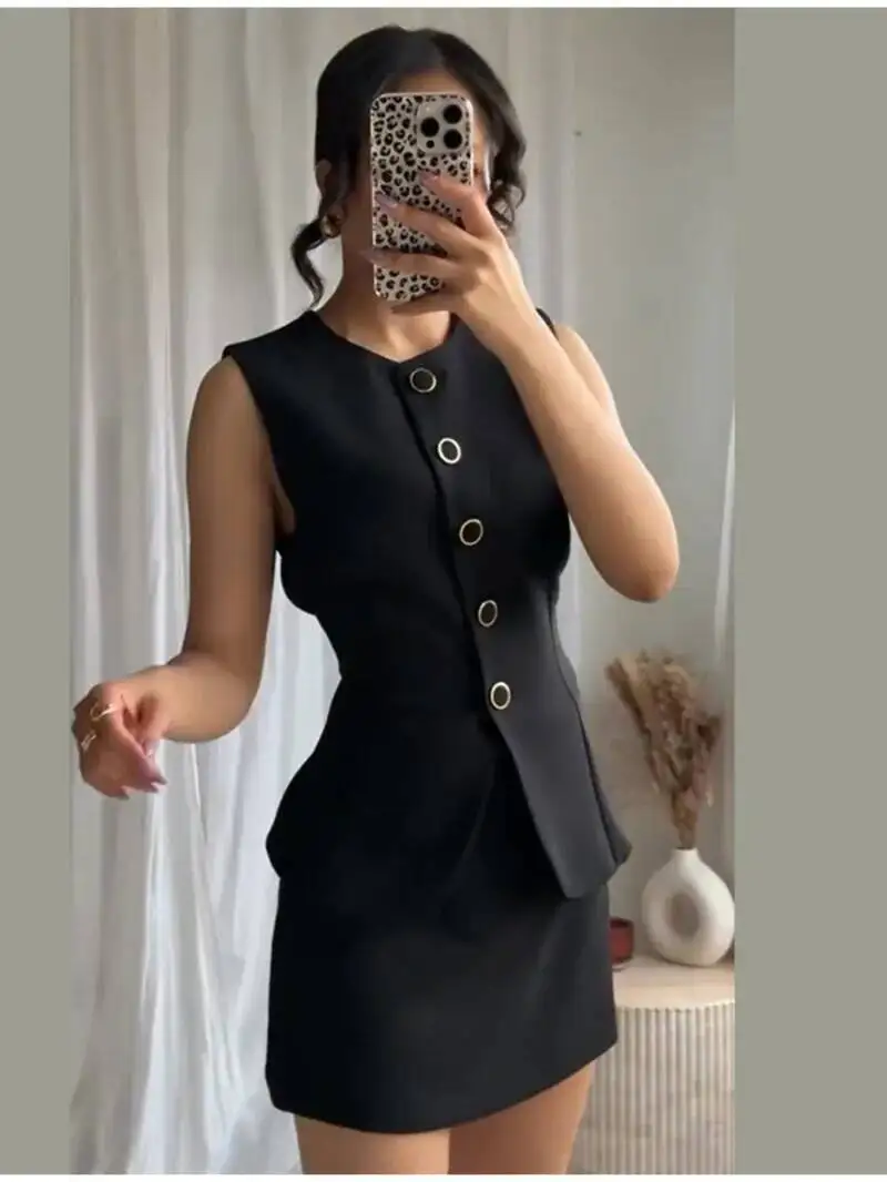 Damska sukienka mini na lato z paskiem, dopasowana, bez rękawów, z dekoltem typu O, spódnica przed kolano, zestaw w stylu vintage, imitacja dwóch części, model 10IX