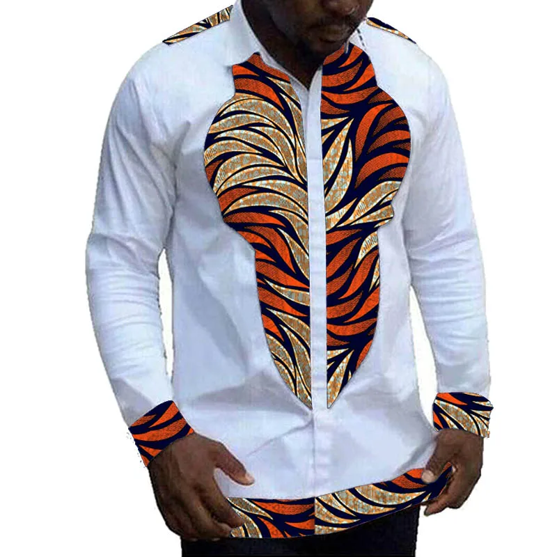 

African Design Couture Men's Shirt Print Wax/White Patchwork Collared Tops Nigerian Fashion Male Groom Wear