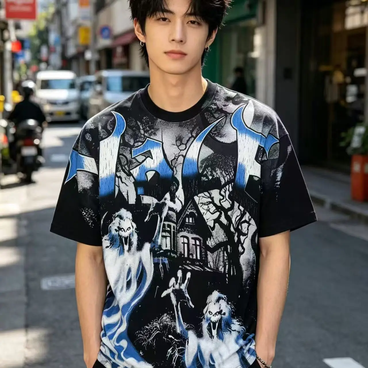 Vale Valley American Trendy Brand Devil Print Washed Vintage INS Style High Street Pure Cotton Short Sleeve T-Shirt Streetwea...