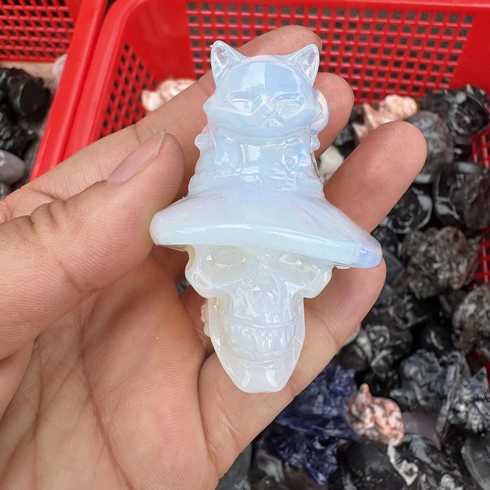 Custom Synthetic Opal Witch Hat Skull with Cat Figurine - 5.5cm Hand-Carved Crystal Gothic Statue for Collectible Decor