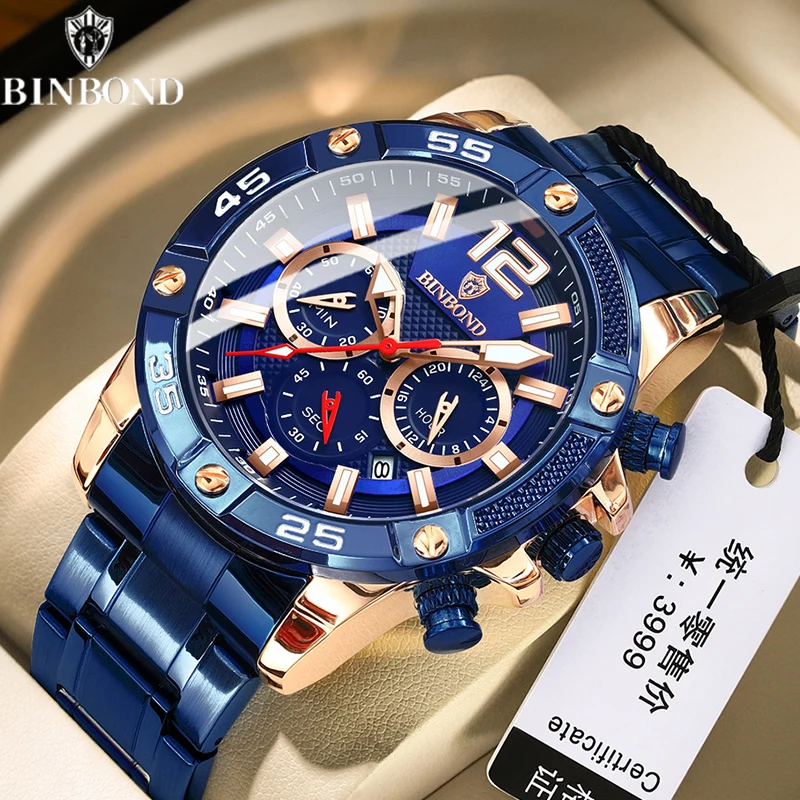 BINBOND Luxury Brand  Men Quartz Watch Sport Waterproof Luminous Chronograph New Hot Business Men\'s Wristwatch Relogio Masculino