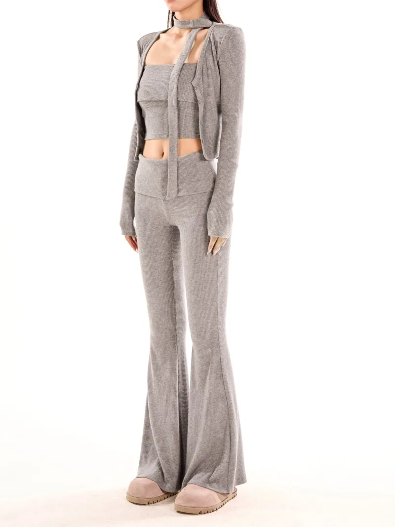 Vintage Korean Retro High Street Knit Cardigan + Lace-up Tank + Slim Flared Pants Suit 3 Pieces Sets Y2k Suit