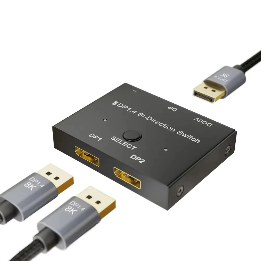8K DisplayPort Switch 2 in 1 Out DP 1.4 Bi-Direction Splitter 8K@60Hz 4K@120Hz 48Gbps 2X1 1X2 Display Port Converter Adapter Hub
