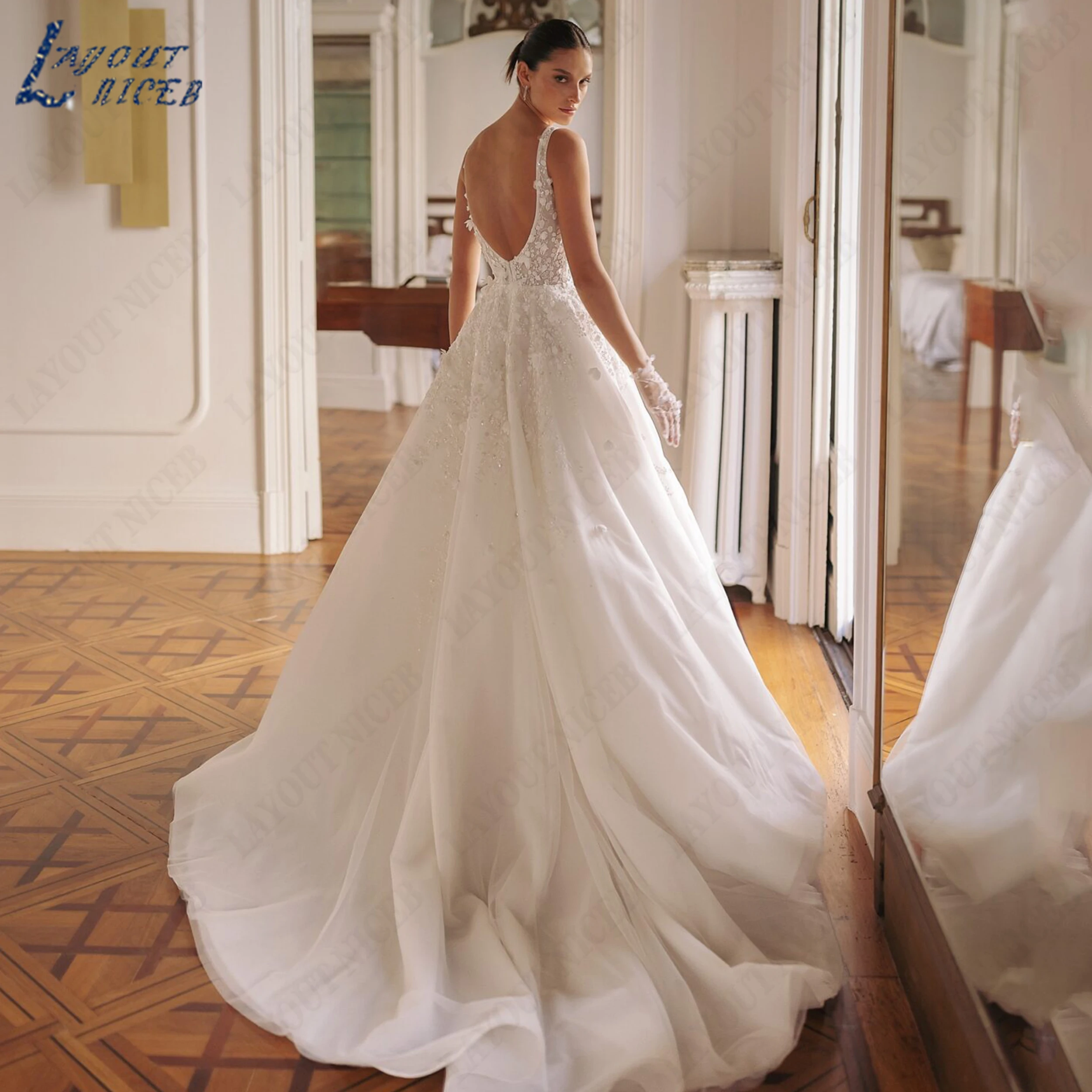 LAYOUT NICEB Vintage Sleeveless Wedding Dresses For Woman Bride Tulle Appliques Spagehtti Straps Vestidos De Noiva Customized