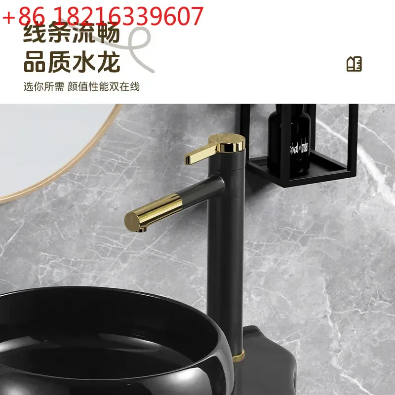 YAOModern Simple Black Ceramic Table Basin with Integrated Mirror Shelf Washbasin Set Bright One Piece Design Bathroom Sink
