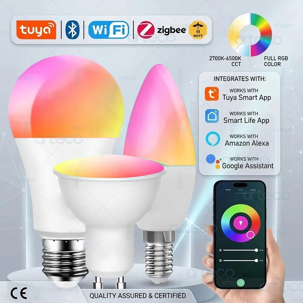 Tuya E27 GU10 E14 Smart Glühbirne Bluetooth WiFi Zigbee Dimmbare Intelligente LED-Lampe RGBCW LED-Glühbirne Kompatibel mit Alexa Google Assistant – Detail 1