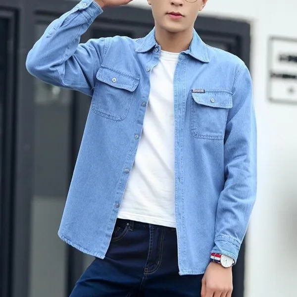 #4401 Denim Shirt For Men Long Sleeve 2022 Spring Autumn Blue Sunscreen Work Clothes Plus Size S-4XL Denim Jeans Shirt Man