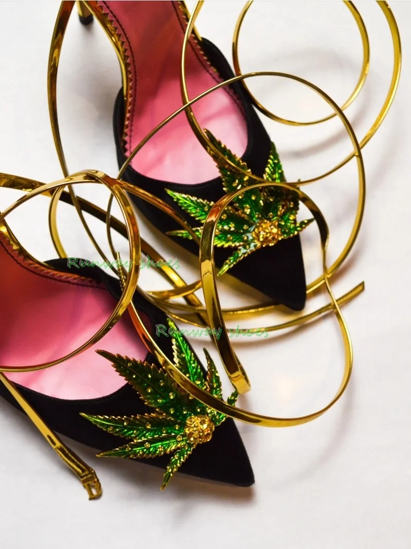 Green Leaf Rhinestones Decorate Metal gold Ankle Girdle Stilettos Sandals Luxurious Designer Party Dress Shoes Bestselling Model