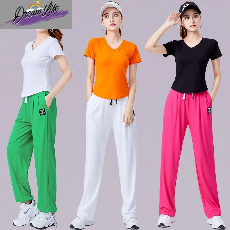 

up Fitn Dance Clothes Women's New Sle Square Dance Pants Straight Leg ort Sve V-Ne Cotton Summer Top