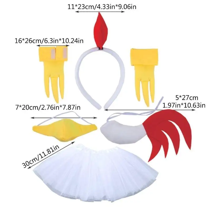 39BB 鶏コスチュームセットイースター鶏耳カチューシャ尾鼻グローブチュチュスカート子供用ハロウィンクリスマス動物コスプレ