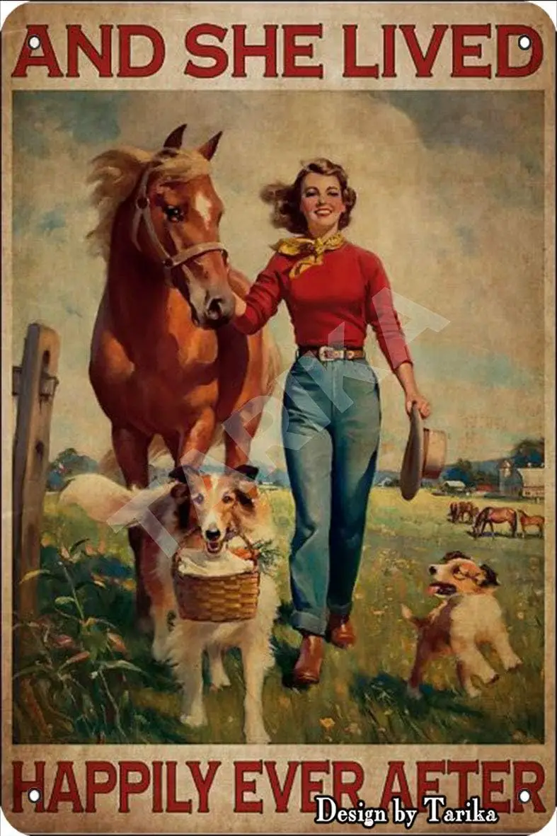 and She Lived Happily Ever After Farm Beauty Dog Horse Tin Vintage Look  Decoration Art Sign for Home Kitchen Bathroom Garden Ga