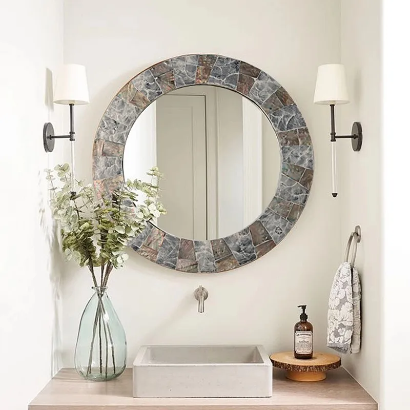Light Luxury INS Iridescent Shell Round Wall Mirror, Decor Vanity Mirror for Bathroom Washstand