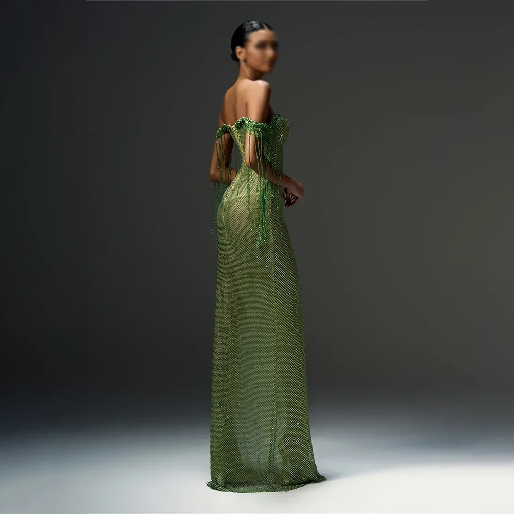 Manruixin personalizado até o chão vestidos de noite manga curta lado split vestido de baile rendas verde fora do ombro vestido de festa