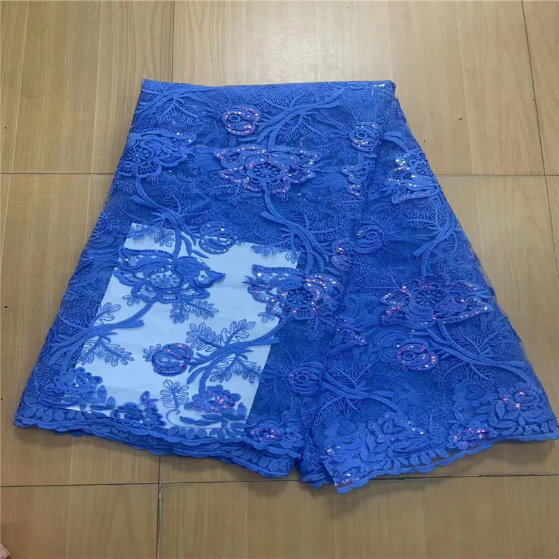 BLUE African Lace Fabric 5 Yards With Sequins High Quality 2023 French Tulle Embroidery Mesh Material For Nigerian Robe