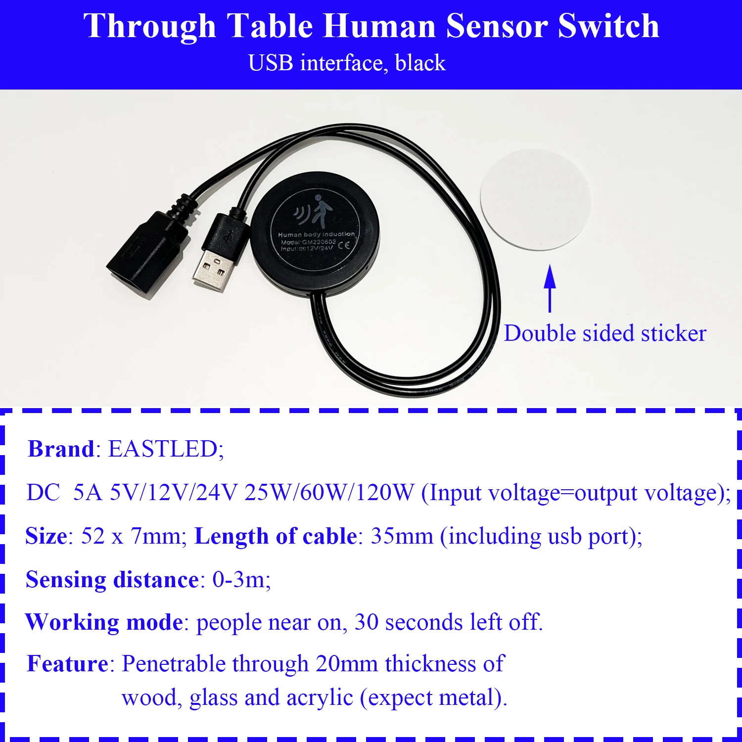 DC5V-12V Pir Motion Activated Sensor Light Switch Auto On Off Induction with USB Coupler Cable for Kitchen Cabinet LED Spotlight