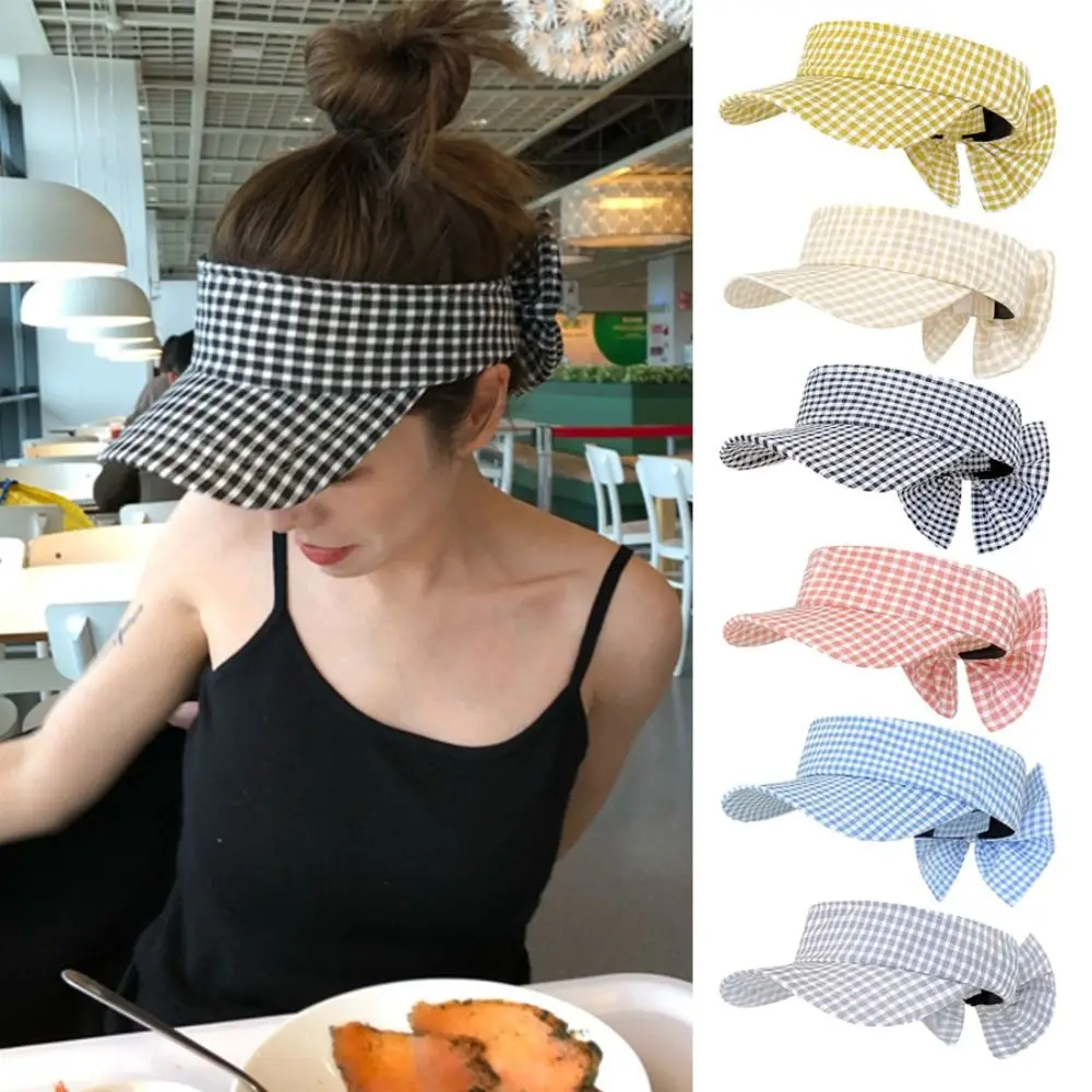 

New Cotton Empty-top Sun Hat Plaid Print UV Protection Sun Visor Hat Bow Foldable Sunscreen Hat Travel