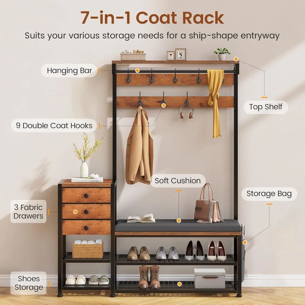 

Coat Rack, Hall Tree with Bench and Shoe Storage, 7-in-1 Entryway Bench with Soft Cushion, 3 Fabric Drawers & Storage Bag - Mult