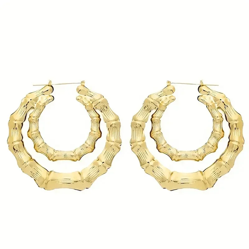 2026 Double Layered Open Loop Earrings with Advanced Design Elegant Bamboo-Like Countryside Style Large Earrings for Women