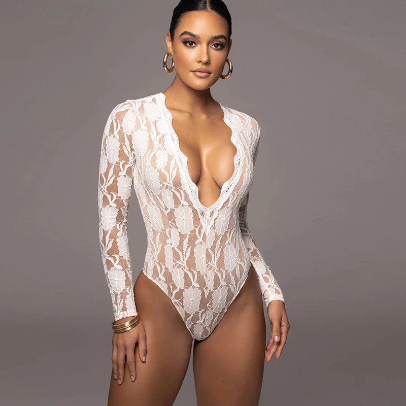 Sexy See-tough Lace Bodysuit High-waisted Slimming Long Sve V-ne Me Overlay Street Sle ort Pants Ultra-thin