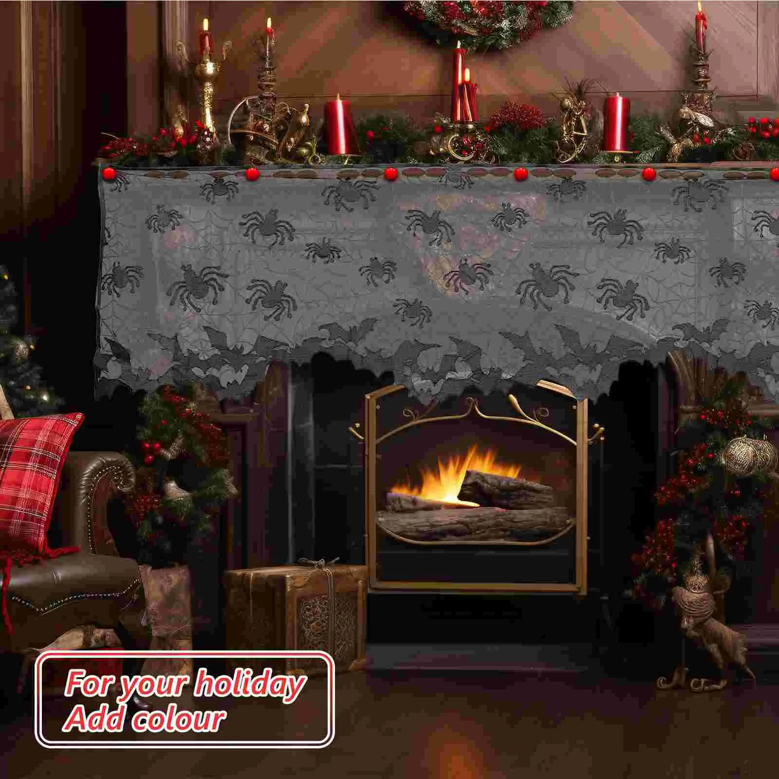 Halloween Lace Window Curtain Fireplace Cloth Decor Outdoor Decoration Curtains Spider Web Bats and Patterned