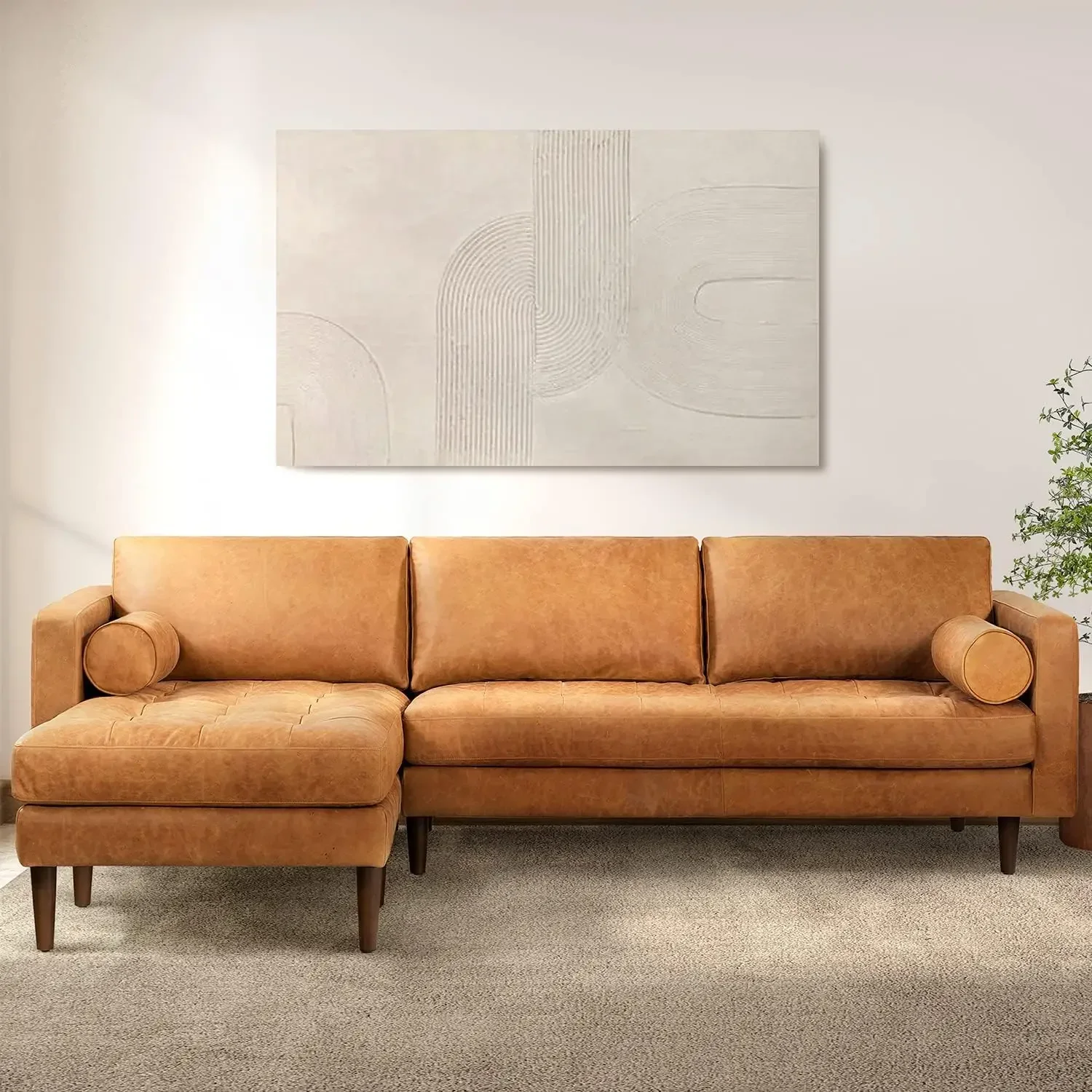 Leather Couch Left-Facing Sectional Full Grain Leather Sofa Tufted Back with Feather-Down Topper On Seating Surfaces Cognac Tan