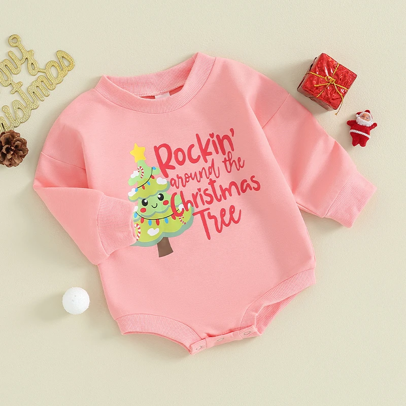 

BeQeuewll Baby Christmas Romper For Fall Long Sleeve Tree/Hat Print Bodysuit Newborn Playsuit For 0-18 Months