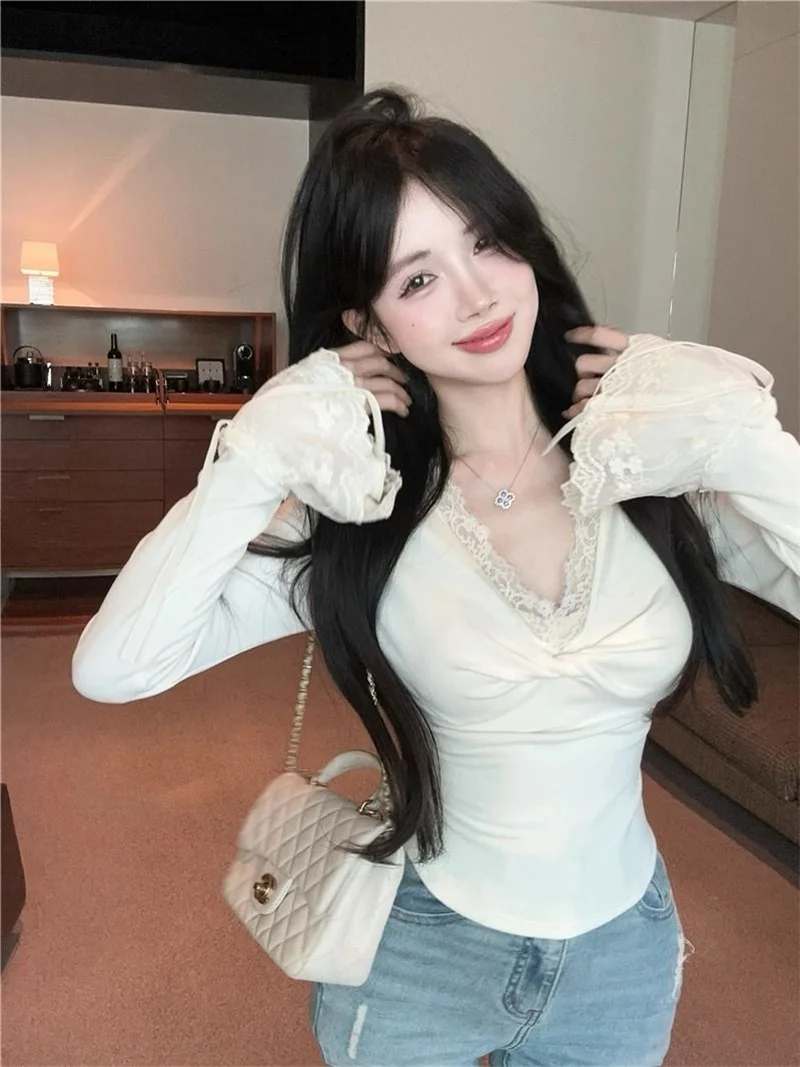 Langarm-T-Shirts für Damen, Frühling, Sommer, sonnenbeständig, schlankmachend, Academia-Stil, Patchwork, O-Kragen, feminin, plissiert, solide