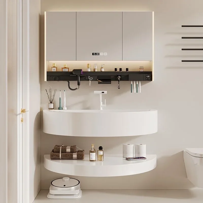 Simple Bathroom Cabinet Special-shaped Round Skin Feeling Sink Single Bathroom Vanity Set with Top Basin &Storage Cabinet Wood