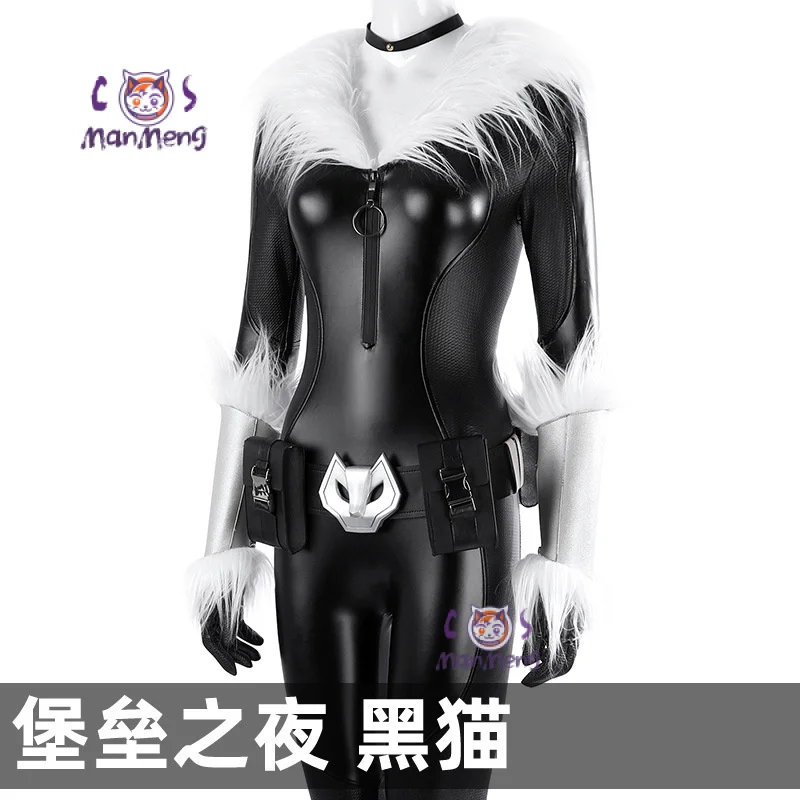 Fortnit-黒猫のコスプレ衣装,革のジャンプスーツ,マスク,ウエストバッグ,アクセサリーセット,ハロウィーンパーティー,セクシーなユニフォーム
