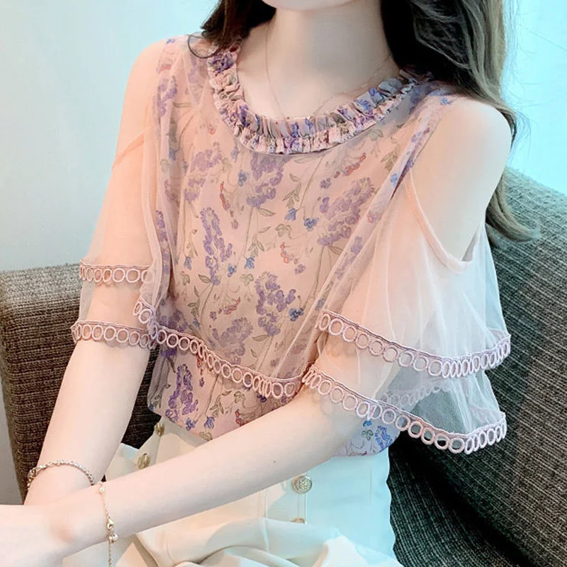 Kurzarm Blumen Chiffon Shirt Tops Sommer neue Netzgarn aus Schulter druck Mode Bluse Temperament elegante Frauen kleidung