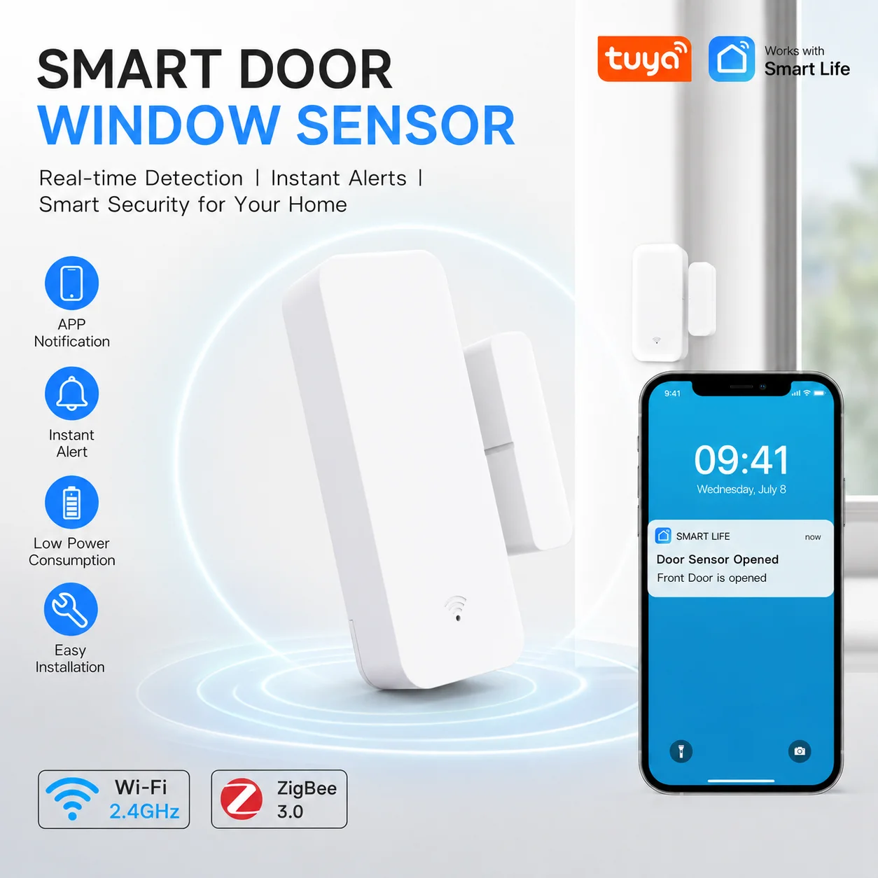 

Tuya WiFi Zigbee3.0 Door window Sensor Smart Home Open/Closed Detectors Window Sensor Works With Z2MQTT ZHA Google Home Alexa