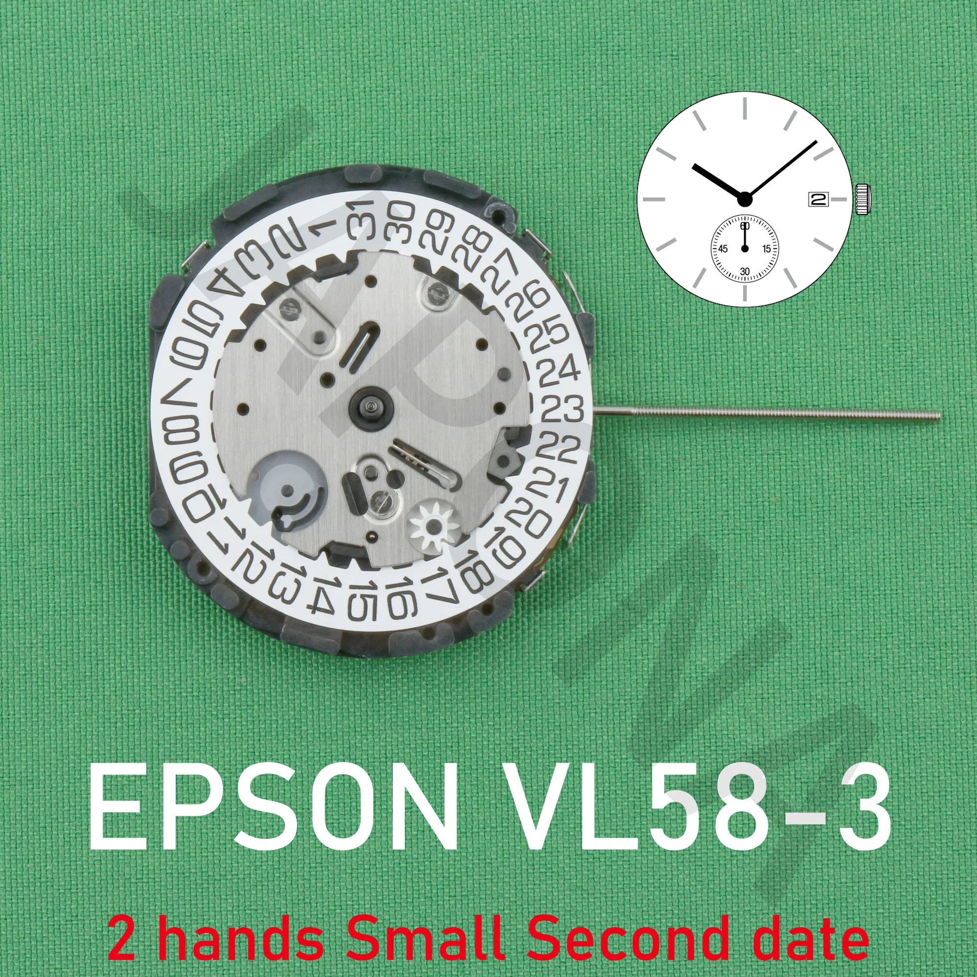 ساعة حركة إبسون VL58 ، VL58A ، 2 يد وصغيرة ، تاريخ ثاني ، حركة العضلات