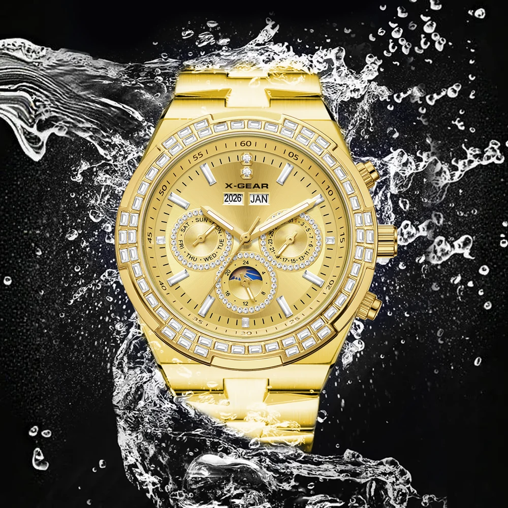X-GEAR ساعات رجالي العلامة التجارية الفاخرة ساعات المعصم للرجال الذهب الكبير الذهبي الذكور كرونوغراف ساعة اليد رجل