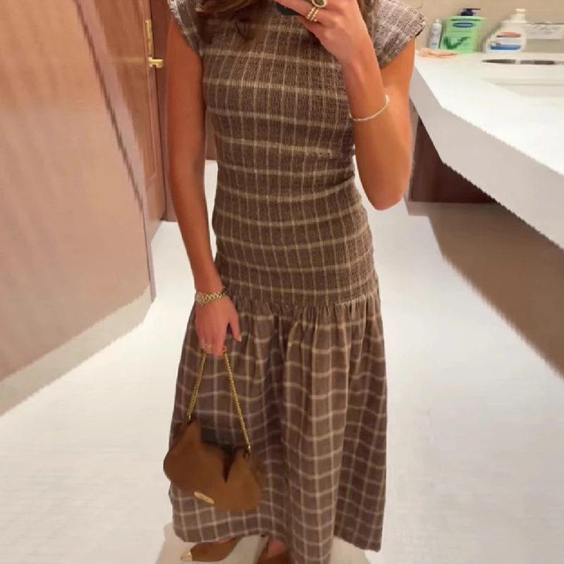 فستان صيفي طويل غير رسمي منقوش ومطبوع جديد بدون أكمام بخصر عالٍ فستان شاطئ مطوي أنيق نصف رقبة عالية فستان حفلات بقصة ضيقة #6