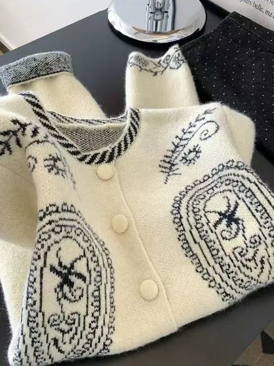 Maglione lavorato a maglia lungo Sve ricamato retrò Camere Jaet da donna con bottone singolo Taglio dritto Autunno Inverno Faion Ladies'...