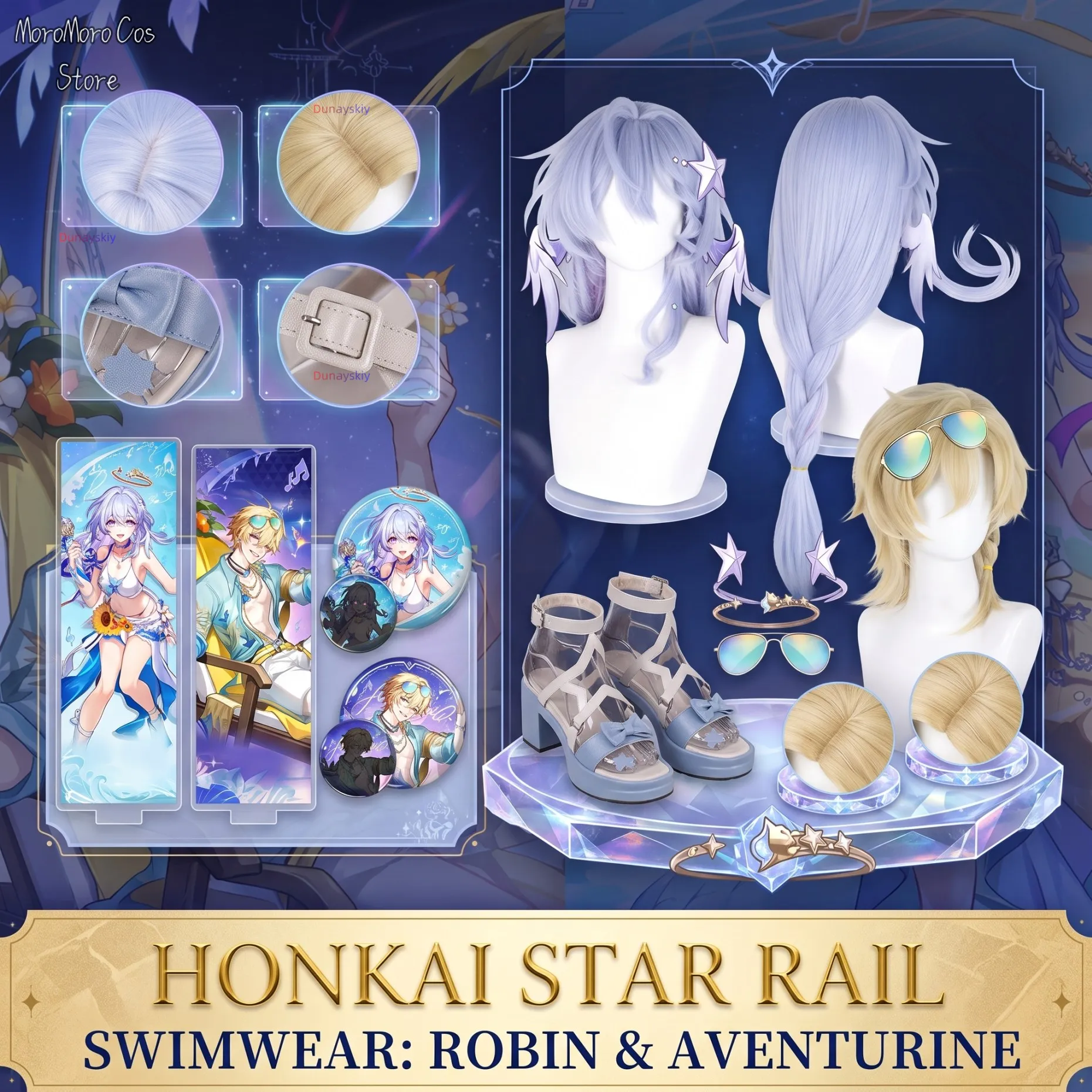 Perruque de cosplay Honkai Star Rail pour Halloween et jeux de rôle, avec accessoires tels que chaussures, badges, tickets laser, coiffures, maillots de bain, Robin, Clear Song, Aventurine, Wave