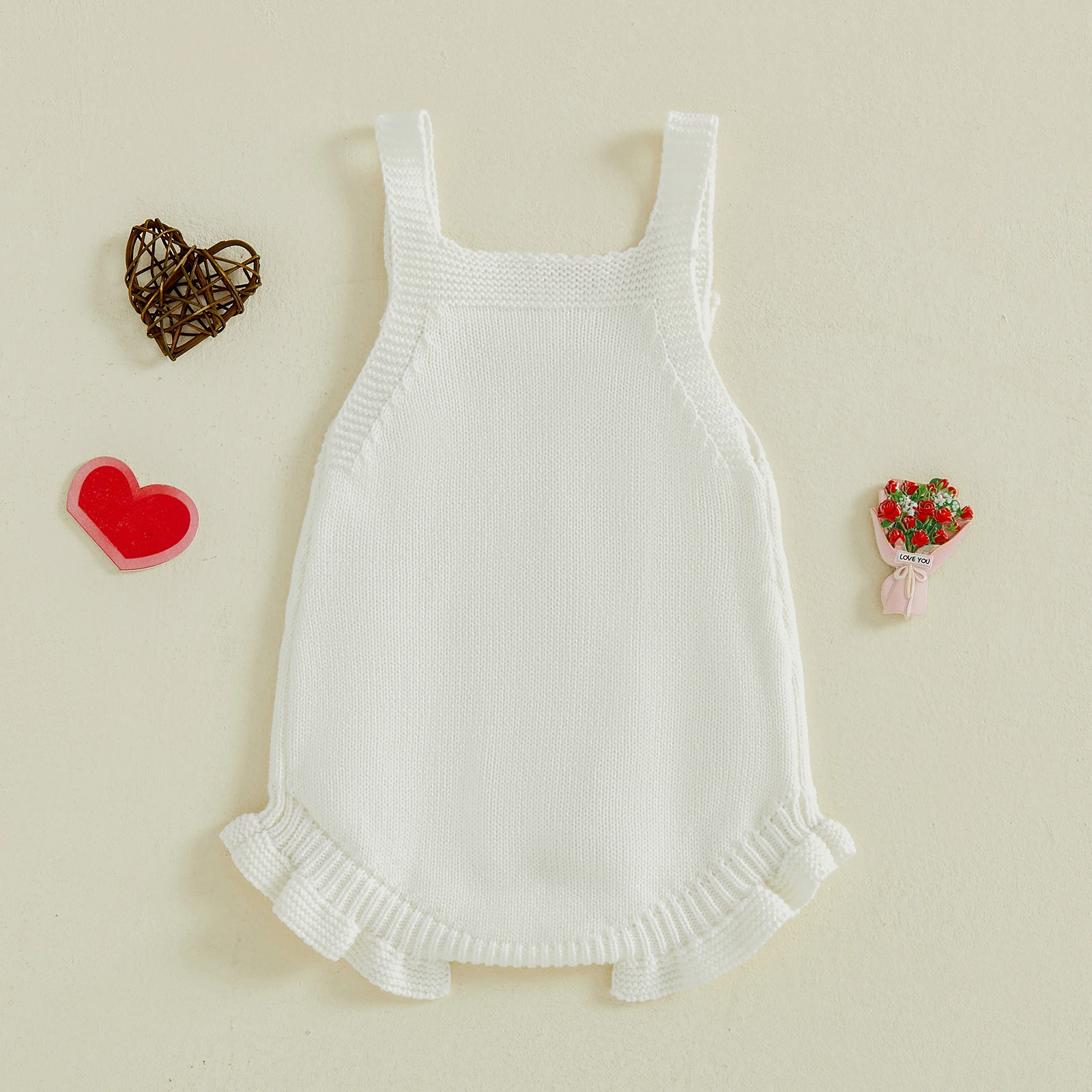 Newborn Toddler Infant Baby Girl Valentine’s Day Romper Sleeveless Square Neck Heart Bodysuit Newborn Knit Overalls