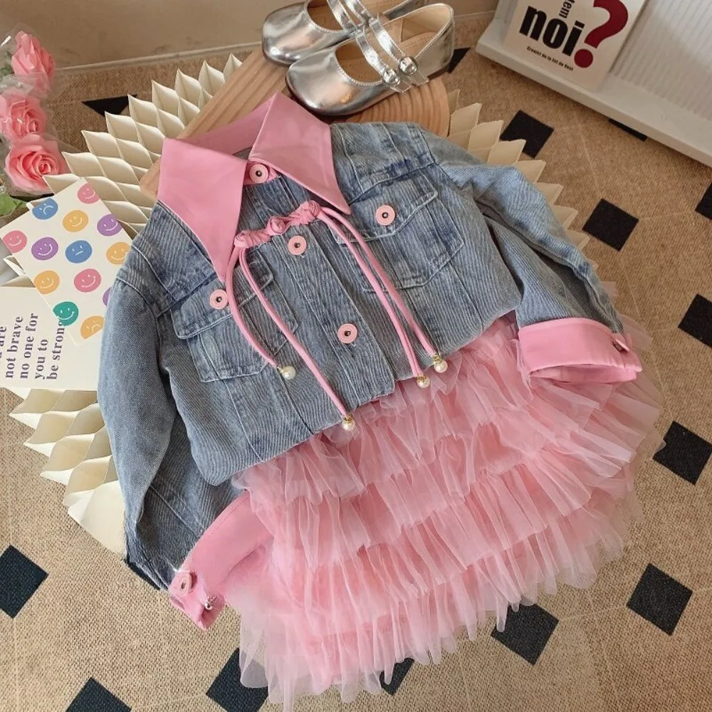 Korean Fashion Street Style Denim Color Blocked Jacket+multi-layer Lace Skirt Two-piece Set Autumn New Style for Girls