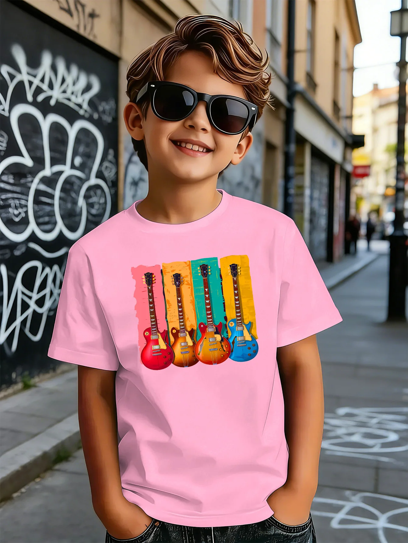 Colorful Retro Electric Guitars Graffiti Print Kids T Shirt Boys Girls Short Sleeve Crew Neck Cotton Rock Music Matching Tees