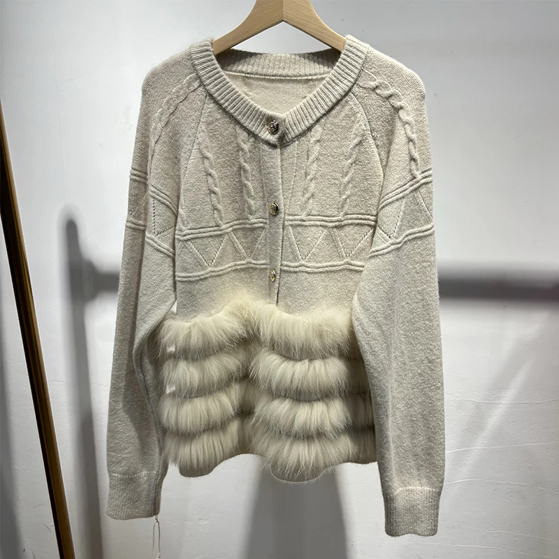 

Новое поступление, натуральный лисьий мех, внешнее украшение, свитер, пальто, осенний красный свитер, вязаное пальто с длинными рукавами