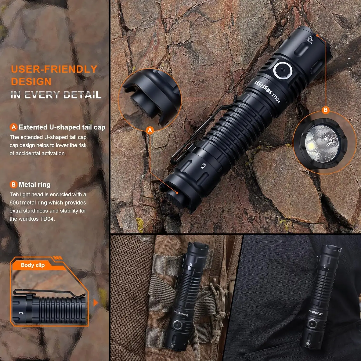 Wurkkos TD04 21700 Rechargeable Two Mode Group Tactical XHP50D HI Flashlight USB-C 3000 Lm Torch IP68 Waterproof EDC Tail Switch