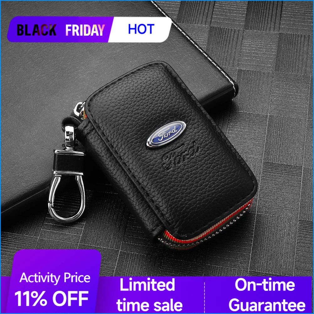 Leather Auto Key Case Car Key Storage Zipper Bag Keychain Protector Cover Accessories For Ford Focus Fiesta Mondeo Fusion Shelby