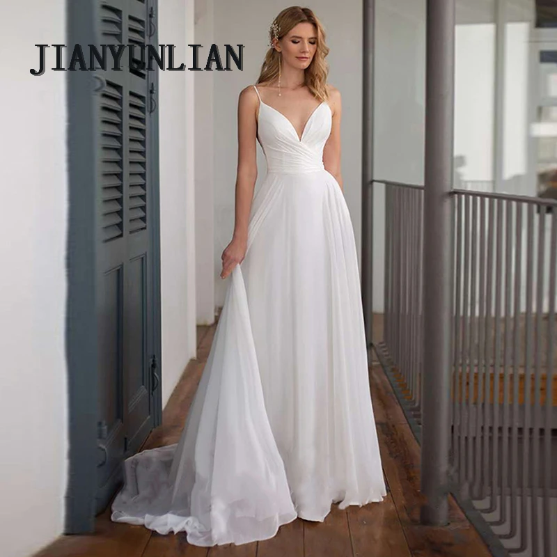 Customized Spaghetti Straps V Neck Criss-Cross Wedding Dress Sweep Train Chiffon Bride Gown Robe De Mariée Beach Wedding Gown