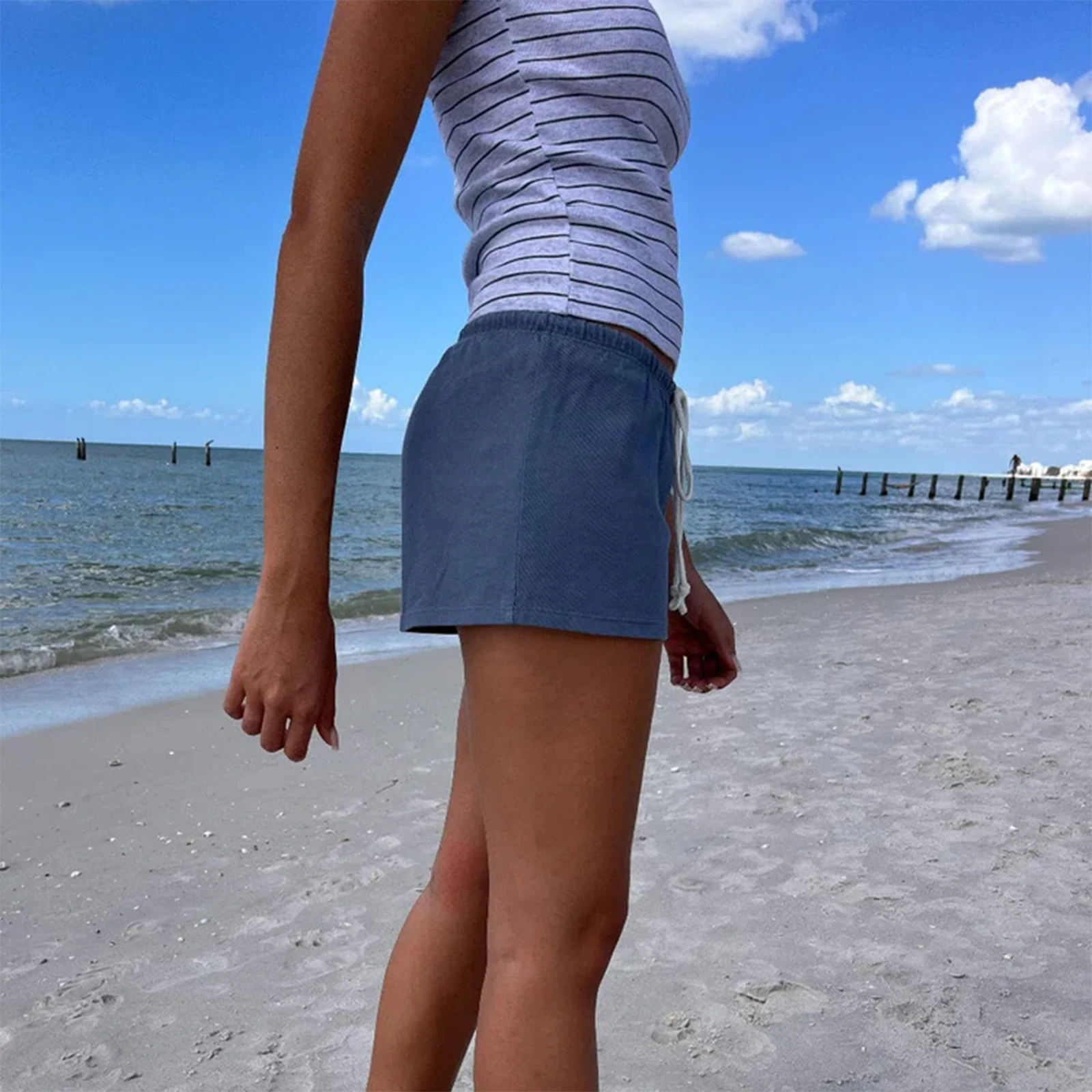 

Женские мини-шорты Y2k, летние шорты на шнурке, облегающие однотонные шорты для отдыха, пляжа, спорта, повседневные